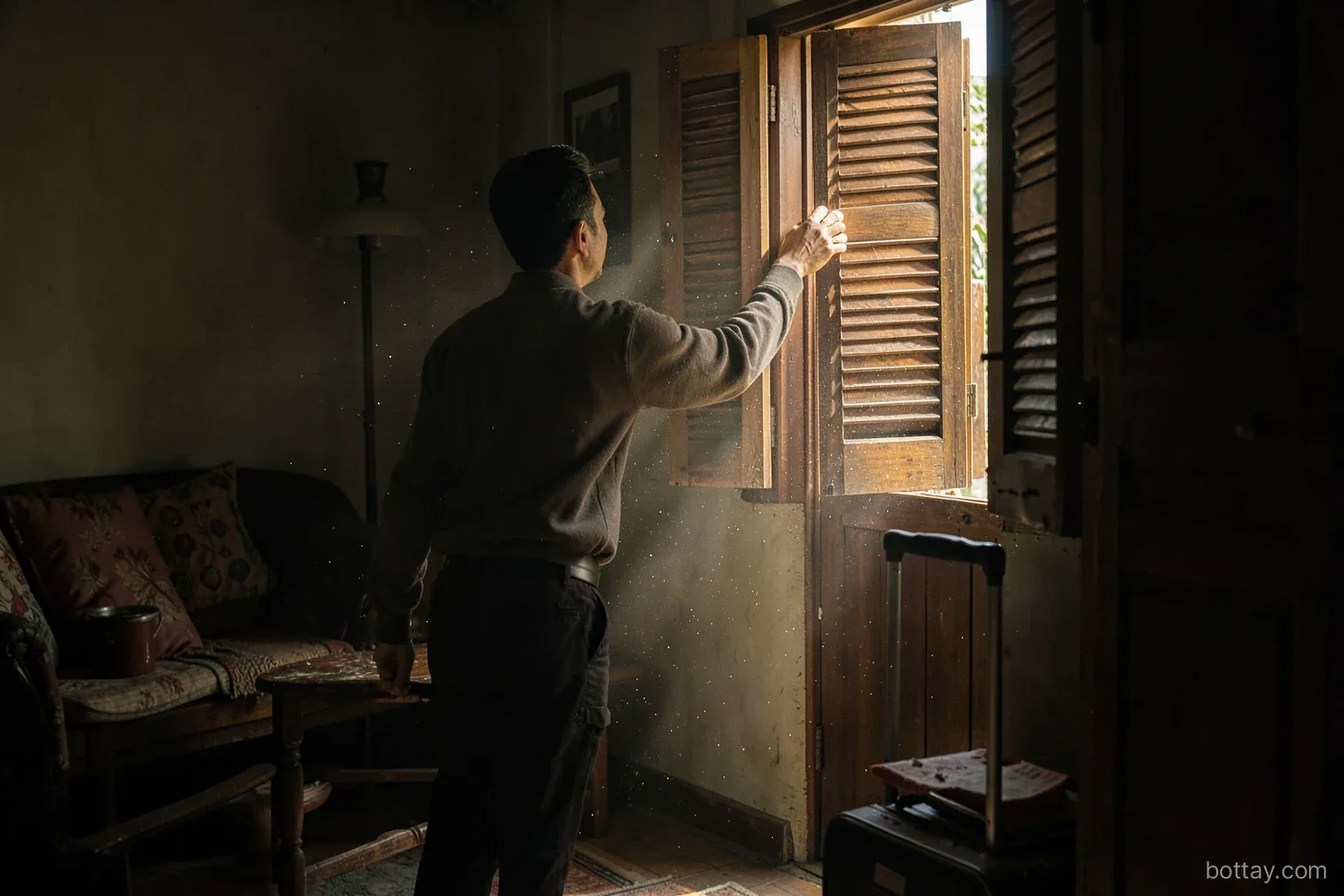 A traveler seen from behind opening wooden window shutters of a dim Vietnamese living room, a rolling suitcase by the door, dust particles floating in a beam of afternoon light