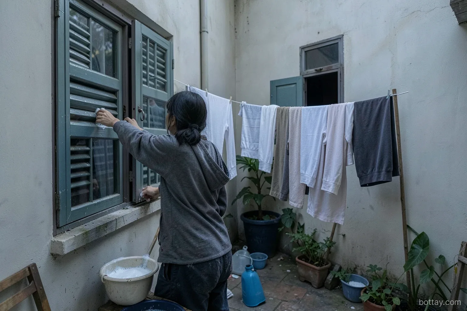 A Vietnamese family seen from behind washing window shutters in a small courtyard on a cool late-winter afternoon, a basin of soapy water and folded curtains drying on a line