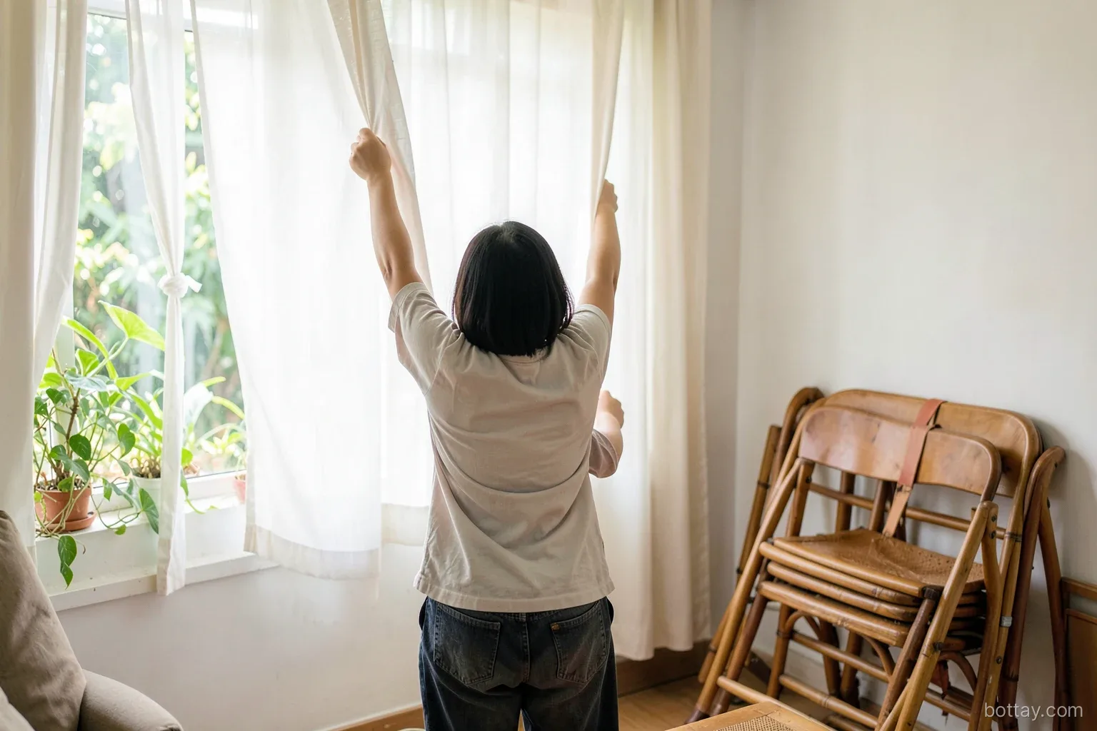 A family seen from behind hanging freshly washed curtains in a bright Vietnamese living room a few days before a home wedding, folding chairs stacked by the wall, green plants on the sill
