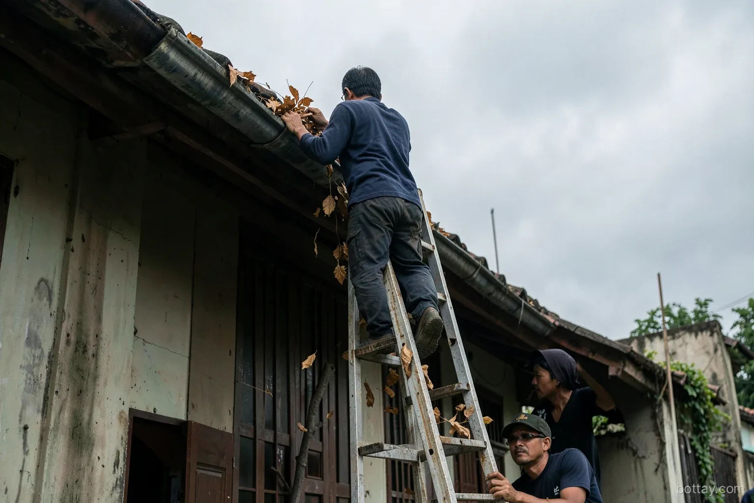 A man seen from behind on a sturdy ladder clearing dry leaves from a rooftop gutter of a Vietnamese tube house, overcast sky gathering, a helper holding the ladder below