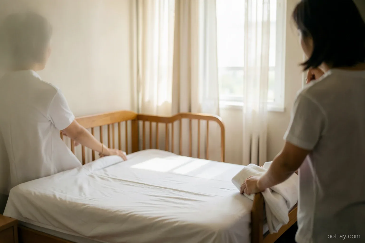 Soft morning light in a tidy Vietnamese bedroom with a small wooden crib, freshly washed white sheets, a window half open behind thin curtains, a parent seen from behind folding cloths
