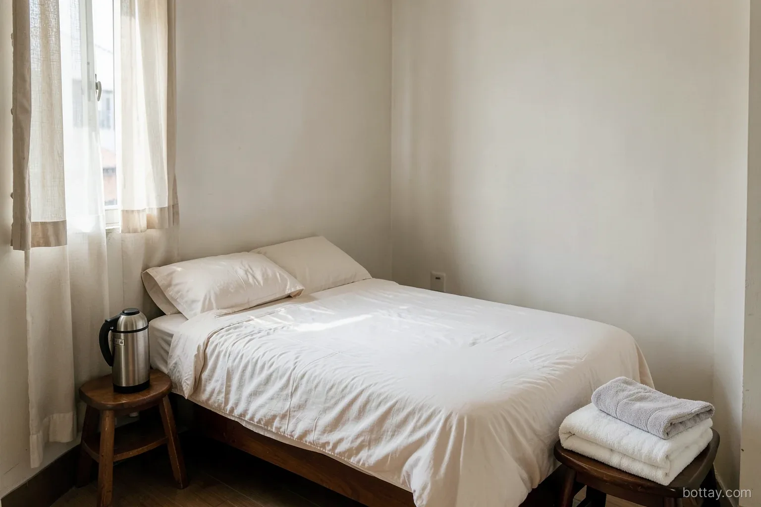 A tidy small guest room in a Vietnamese city apartment, a single bed with fresh pale linen, a thermos and folded towel on a stool, curtains drawn open to daylight