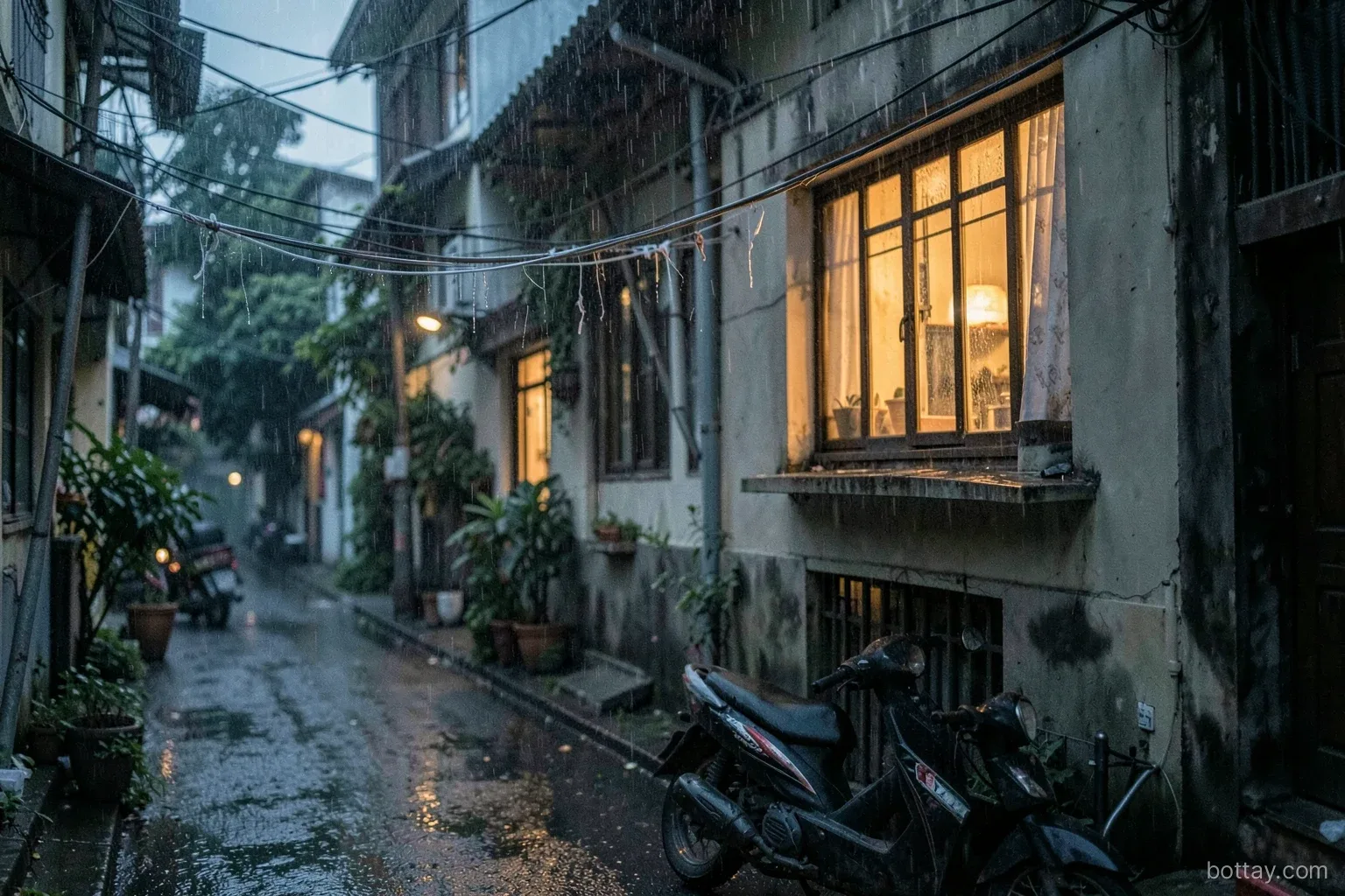 Evening street in a Vietnamese neighborhood during a light summer rain, an empty clothesline on a balcony, warm window light from a tube house and a parked motorbike below