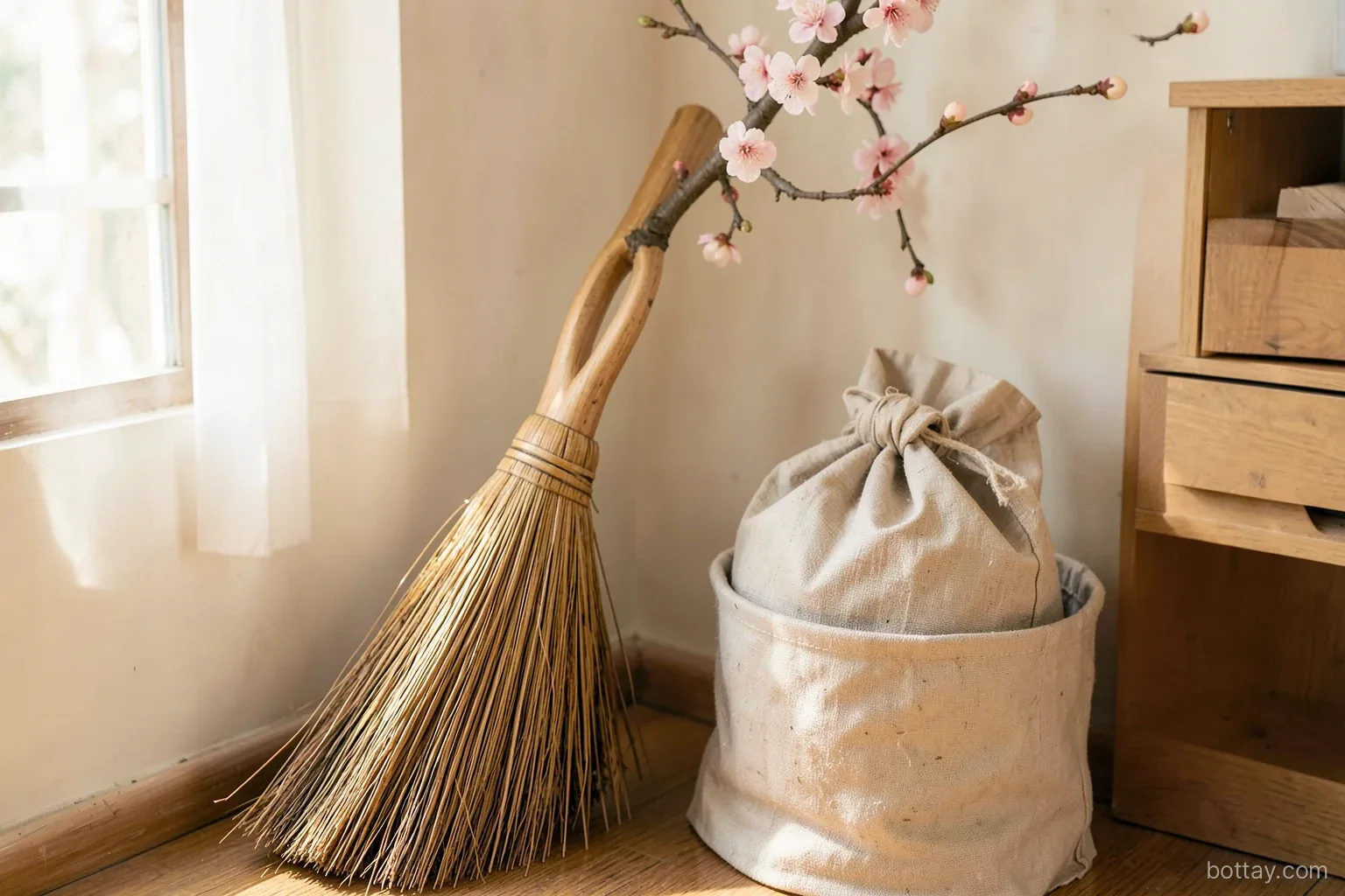 Close view of a broom resting in a corner beside a closed bin with a tied bag inside a tidy Vietnamese living room on a bright Lunar New Year morning, peach blossom branch nearby