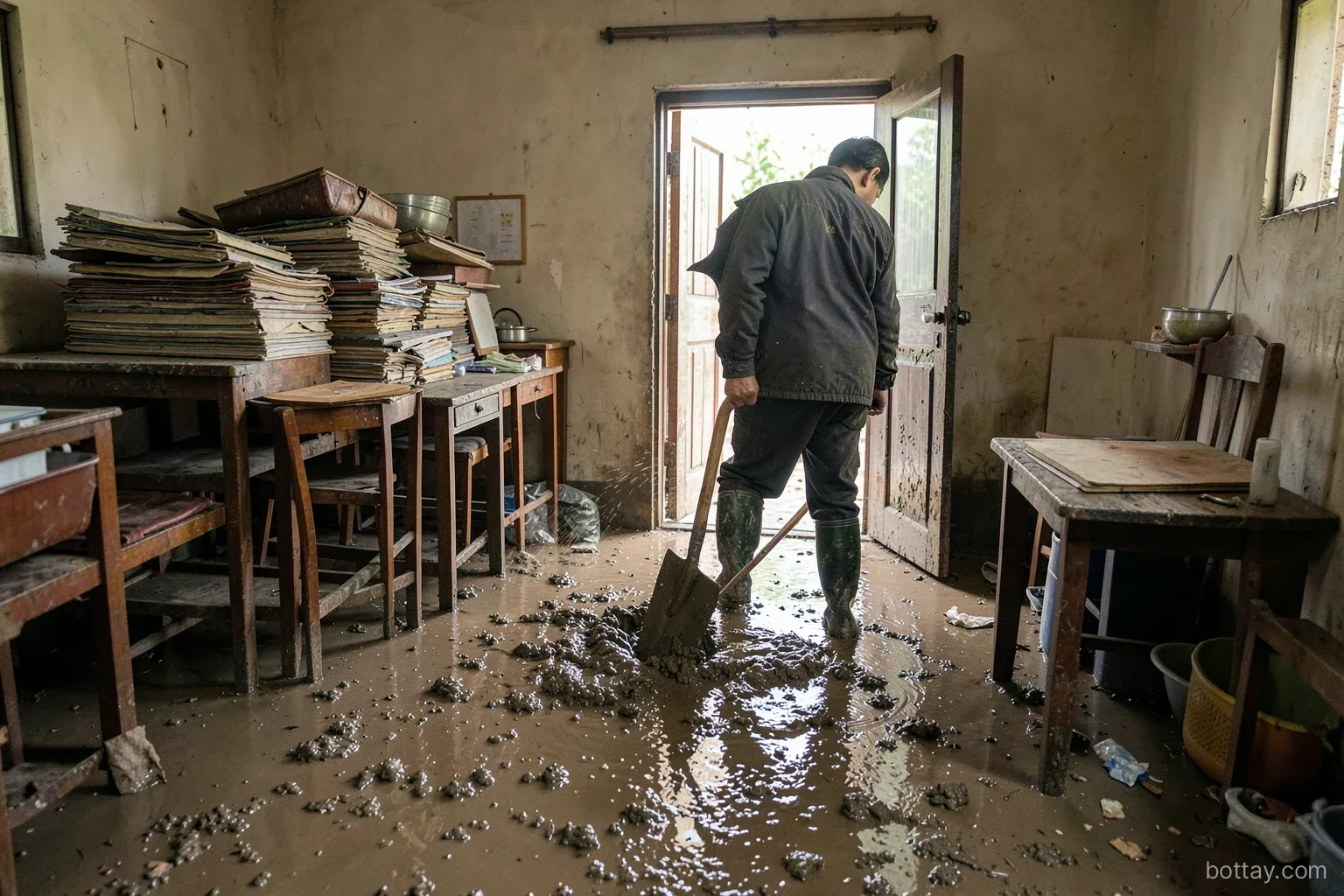 Muddy floor of a ground-floor Vietnamese home after floodwater receded, a person in rubber boots seen from behind shoveling mud toward the open door, furniture stacked high on tables