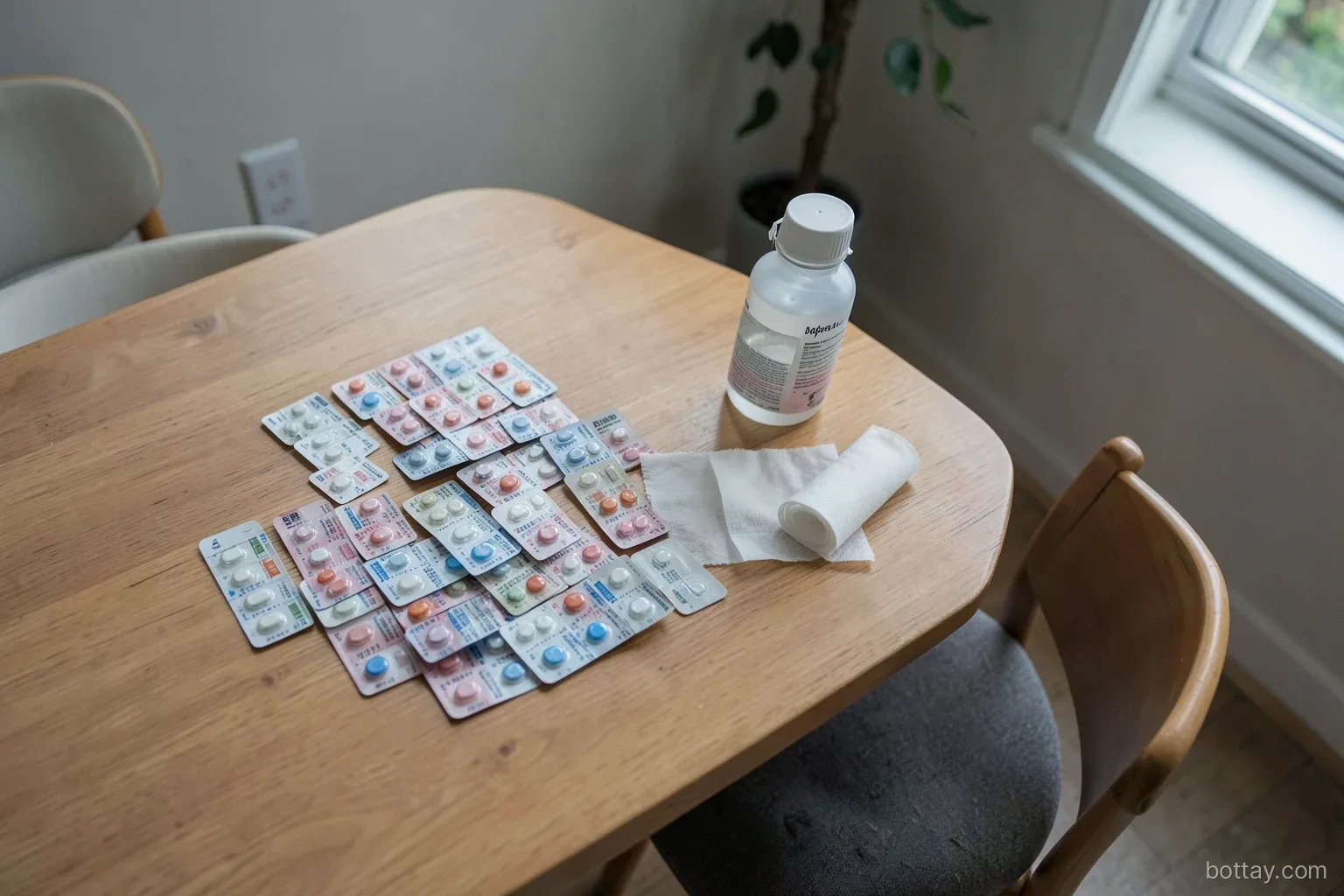 Top-down view of a kitchen table with sorted medicine blister packs, a closed hard plastic bottle, rolled gauze and a small oxygen cylinder standing beside a chair, overcast light